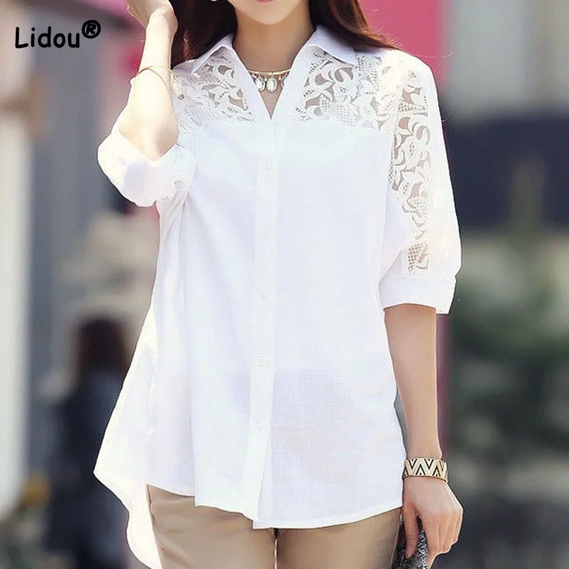 Casual Commute Female Solid Color Hollow Out Lace Shirt Fashion Summer Women\'s Clothing All-match Spliced Half Sleeve Blouse