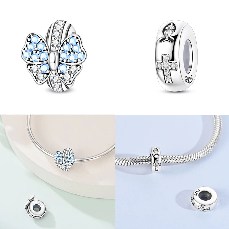 

New 925 Sterling Silver Zircon Blue Heart Butterfly Separator Charms Beads Fit Original Bracelet Necklace DIY Jewelry Accessory