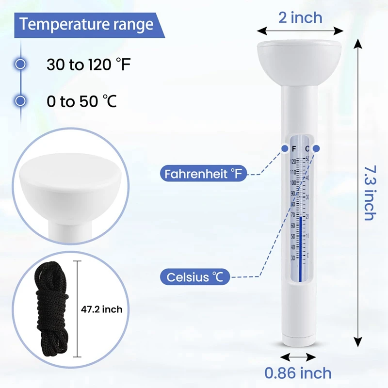 Termómetro flotante para piscina, fácil lectura para la temperatura del agua con cuerda para piscinas y spas exteriores e interiores, duradero