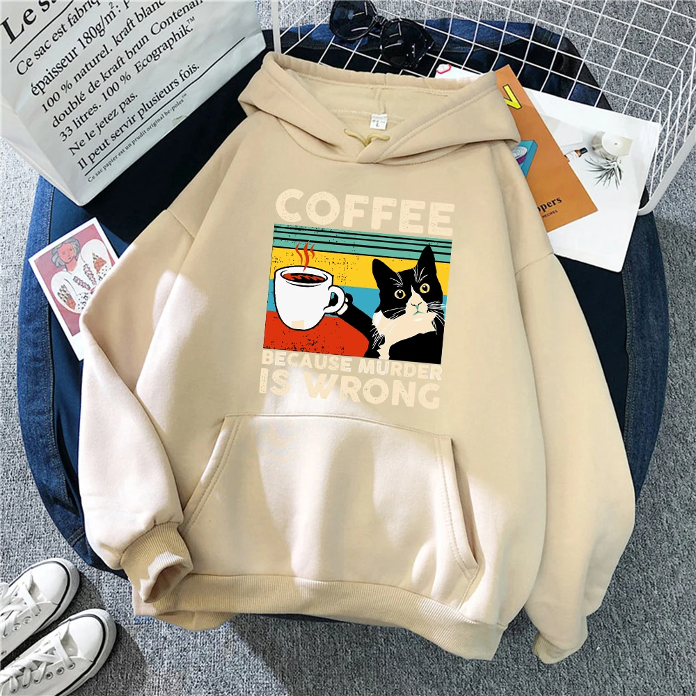 A Cat That Drinks Coffee And Works Prints Hoodie Women Harajuku Loose Hoody Fashion Casual Streetwear Comfortable Y2K Womenswear