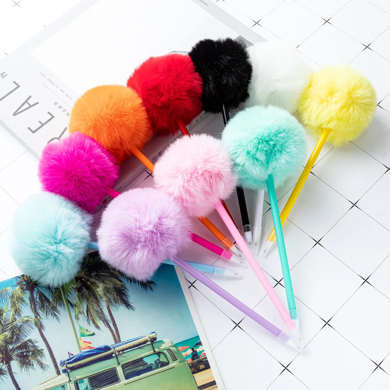 100Pc Cute Stationery Pompom Gel Pen Colorful Plush Pen School Office Supplies Kawaii Creative Gifts