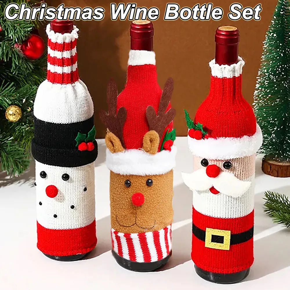 Christmas Wine Bottle Cover Set Santa Snowman Woven Wine Bottle Bags For Christmas Party Dinner Table Decorations New Year Gifts