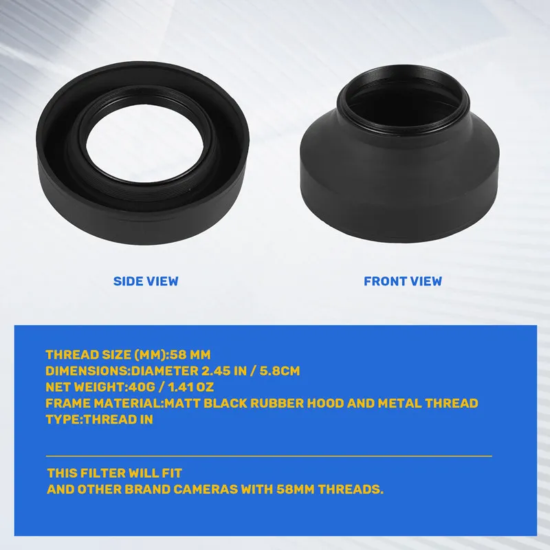 캐논 소니 니콘 D3100 3200 D3300 용 고무 렌즈 후드, 58mm, 3 in 1