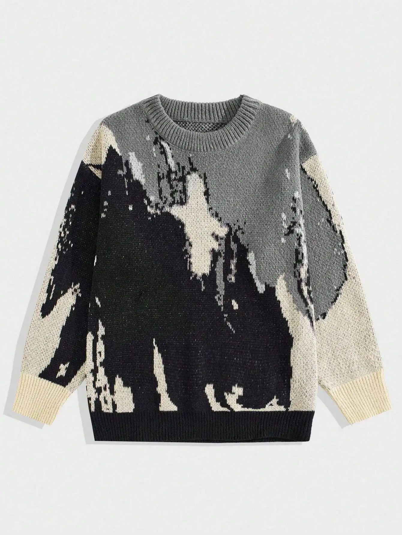 

Men's Oversized Graphic Knit Sweater with Abstract Mountain Print, Fall Winter Casual Long Sleeve Top