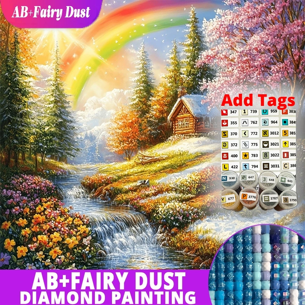 AB Fairy Dust Full Square Round Diamond Mosaic Countryside Rainbow Cherry Blossom Stream Landscape Painting Embroidery Wall Art