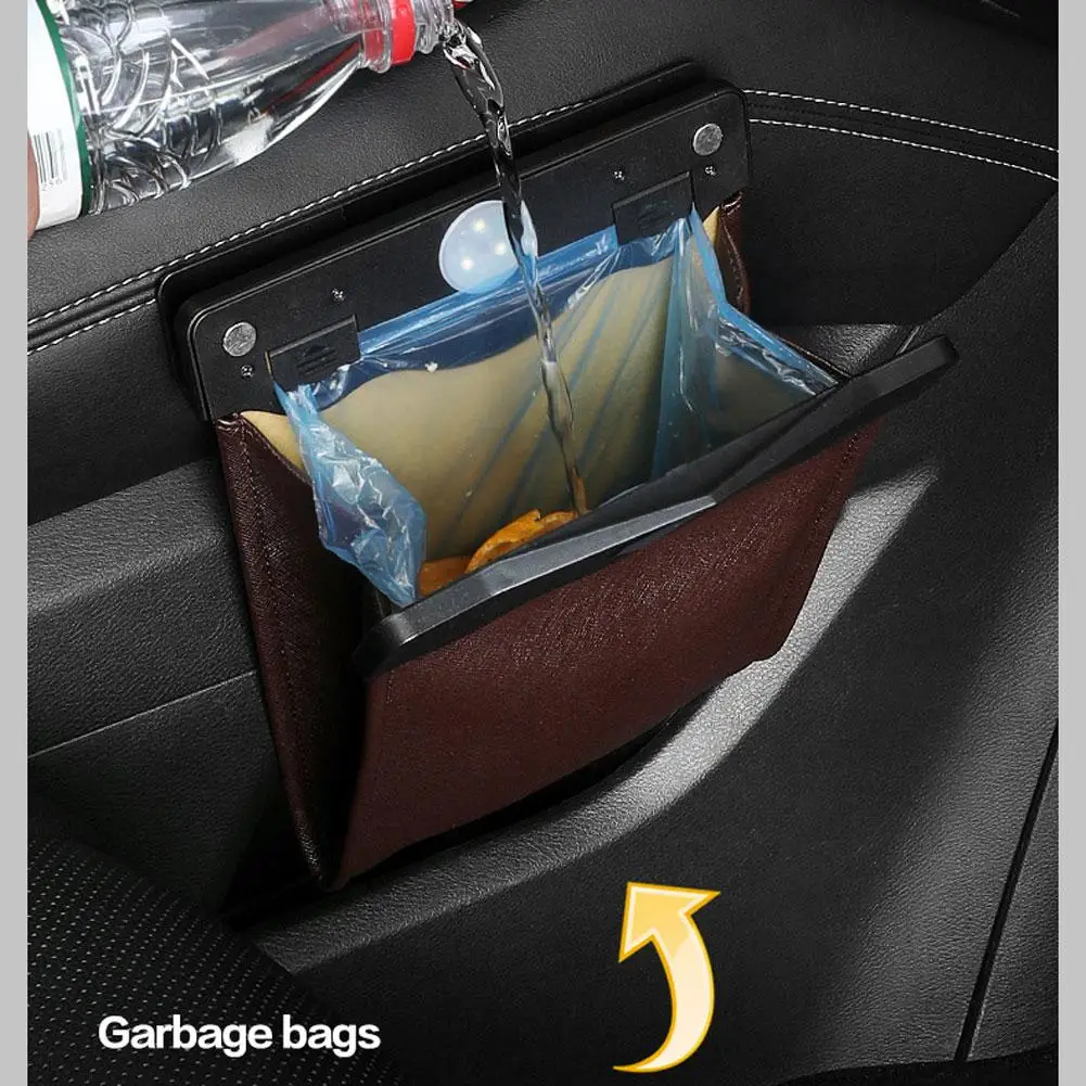 Car Trash Bag Magnet Closure Design Artificial Leather Waterproof Garbage Bags Container With LED Induction Light