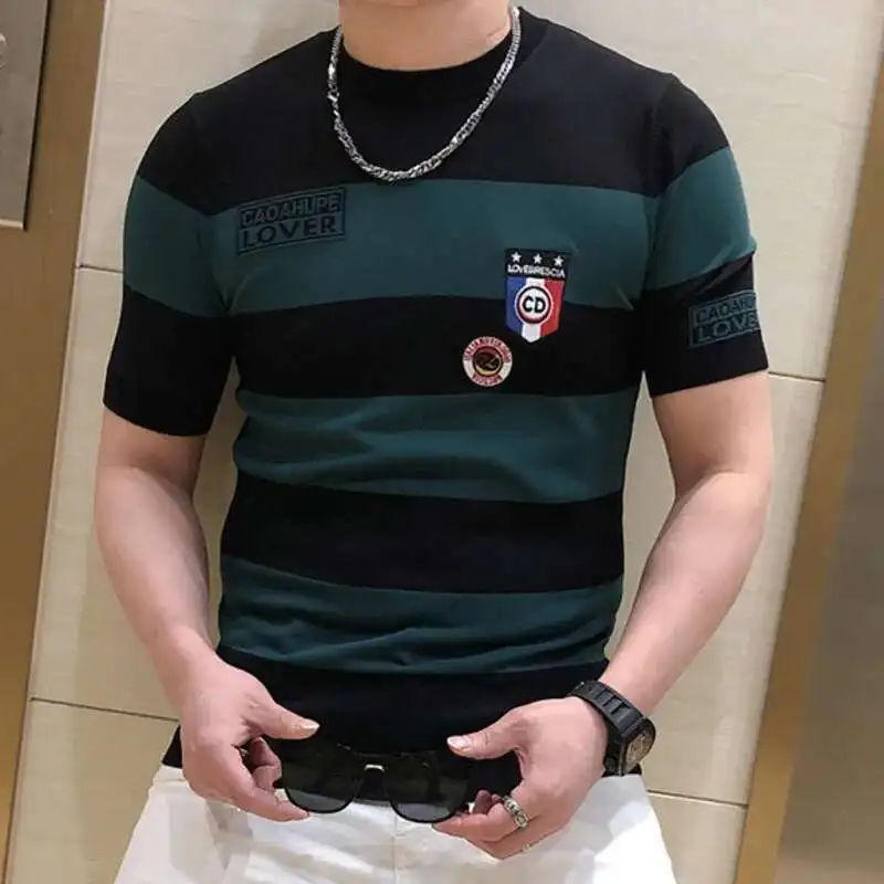 2022 Summer Men\'s Personalized Badge Embroidery Tees Slim Fit Stripe Ice Silk Short Sleeve Tshirt Tide Brand Round Neck Pullover