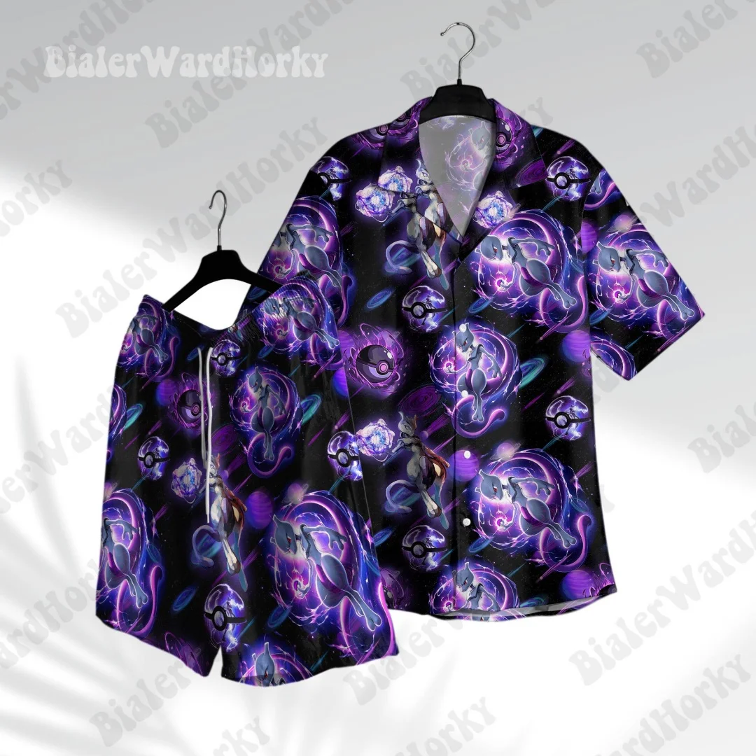 Mewtwo Galaxy Hawaiian Shirt Pokémon Anime Mewtwo Aloha Shirt Summer Leisure Men's T-Shirt Children's Clothing Tee Y2k Woman ﻿