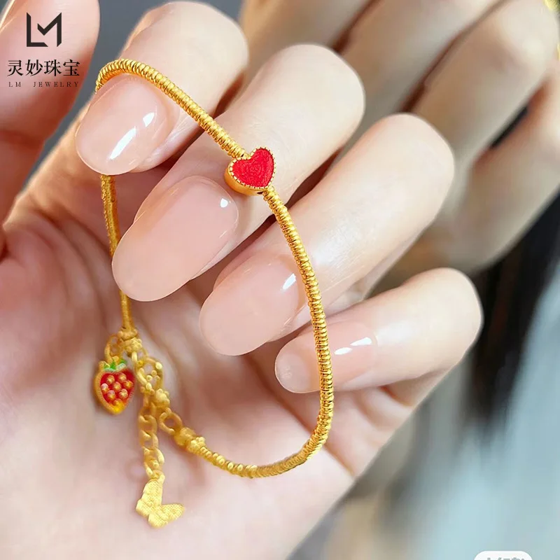 

The same ancient style 24K real gold 9999 burnt blue small red heart bracelet for women in the gold store, butterfly tail chain