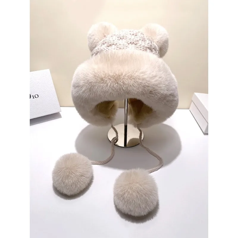 

Hat Women's Winter Thick Ear Protection Knitted Hat Fashion Cute Plush Bear Lei Feng Hat Travel Woolen Wool Wool Cold Hat