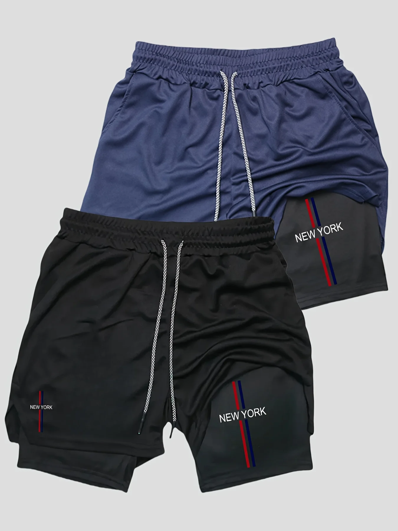 

2pcs 2 in 1 Double Layer Line Letter Printing Men Casual Sports Fitness Shorts Quick-Dry Drawstring Waist Running Workout Shorts