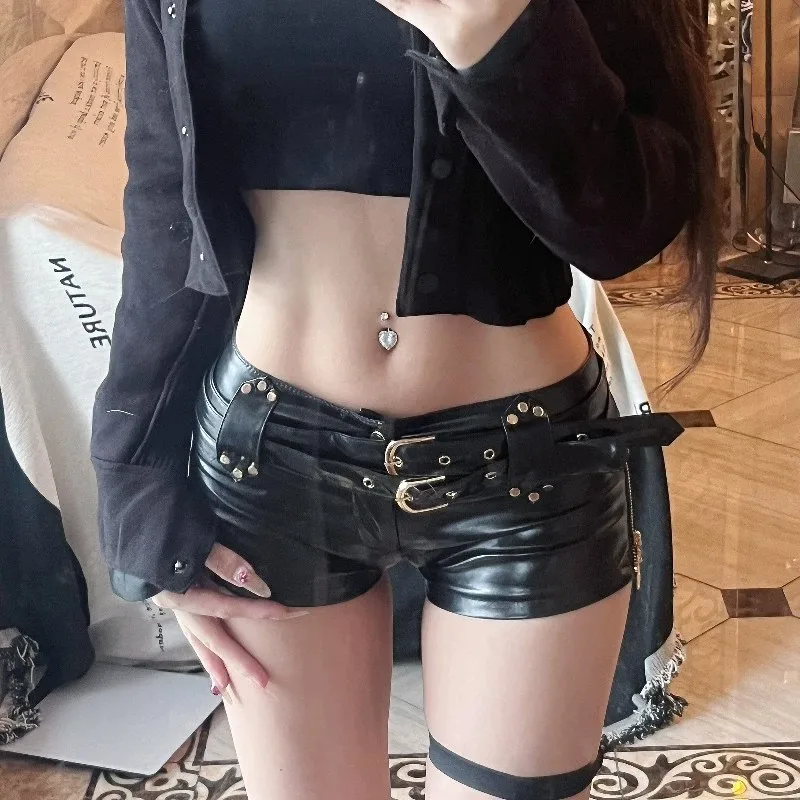 Summer Clothes For Woman Y2K Low Waist Belted Waist Mini Shorts Black Pu Leather Gold Zipper Double Buckle Belt Thigh High Strap