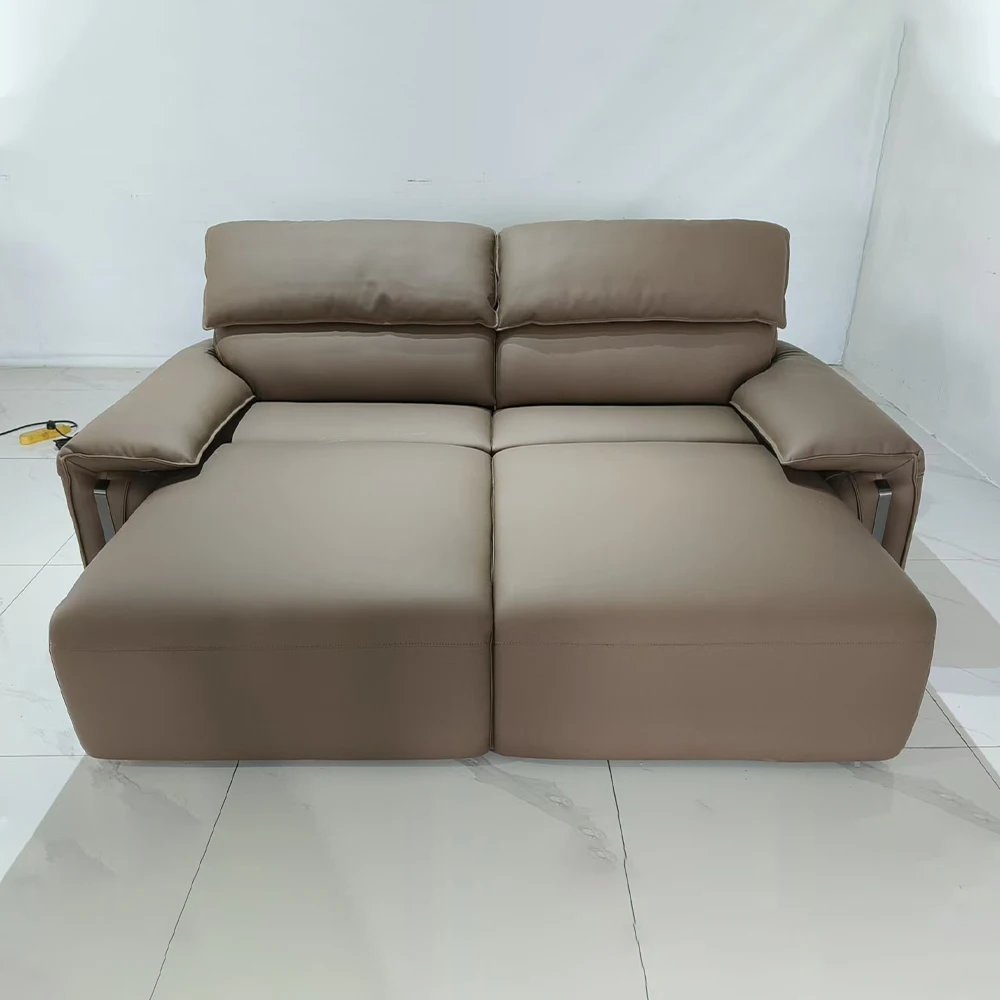 Modern Convertible Genuine Leather Sofa Bed – Multi-functional Electric Sleeper Couch with Adjustable Seats & Wide Chaise Lounge
