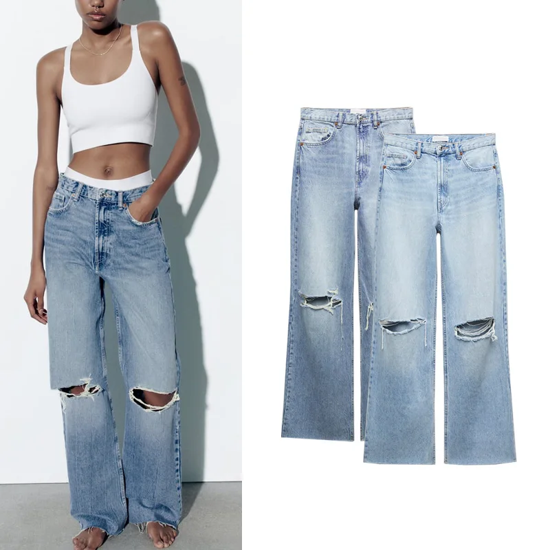

Spring Faion High Waist Wide Leg Jeans Loose Fit Decorative Hole Casual Straight Cut Long Pants for Young Women