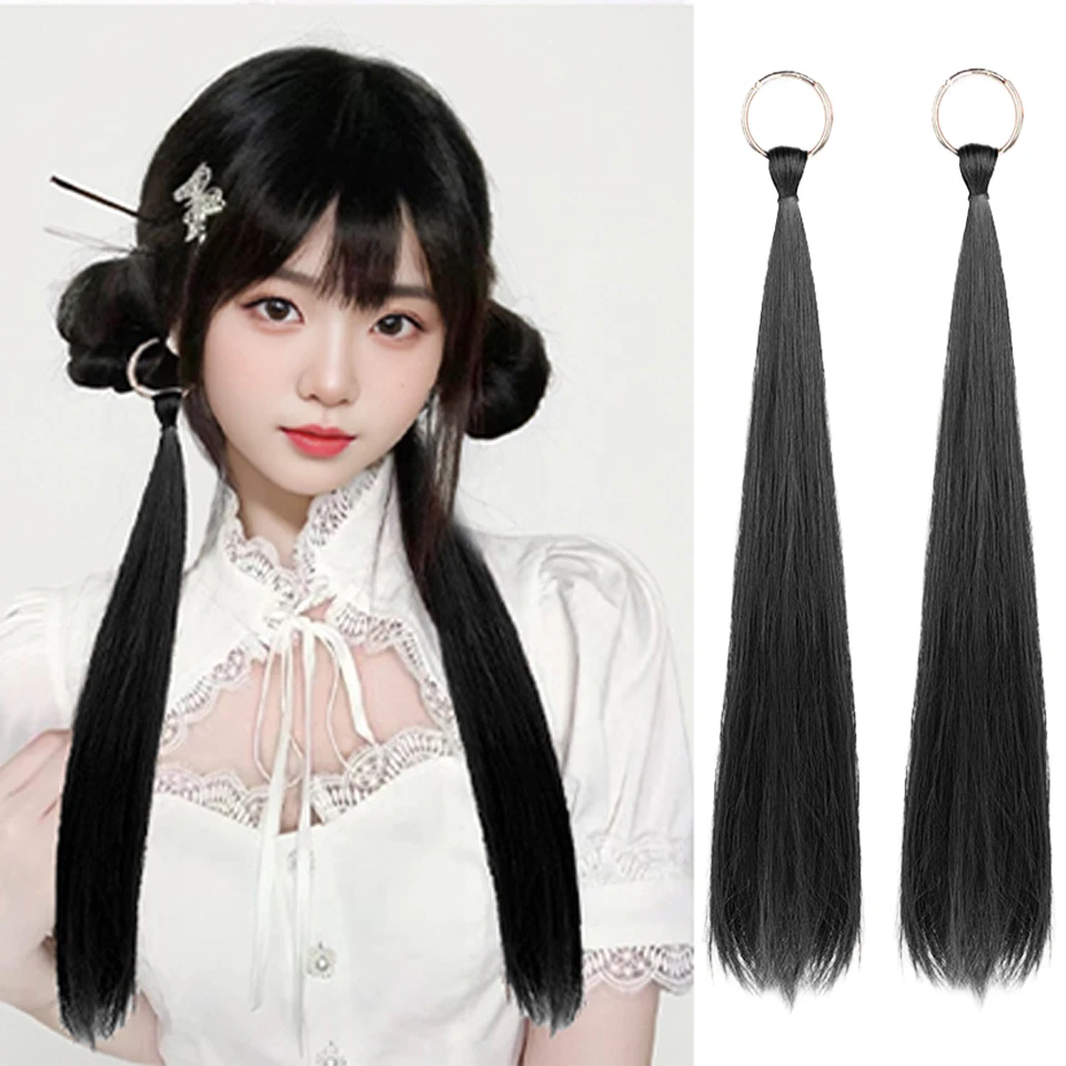 

EASTSECRET Hanging Ring Ponytail New Chinese Style Wig Female Hanfu Chinese Style Headdress Double Ponytail Pink Wig Braid