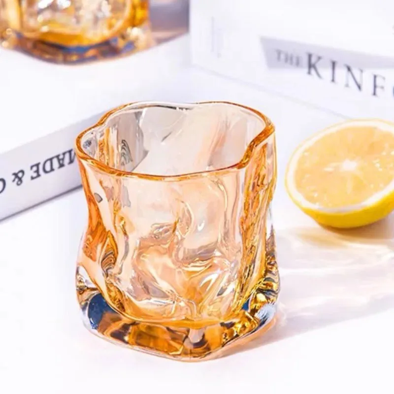 

TOPLIVING 2pcs Set 280ml Amber Irregular Glass Cup Creative Cocktail Whiskey Brandy Glasses Household Afternoon Tea Coffee Juice