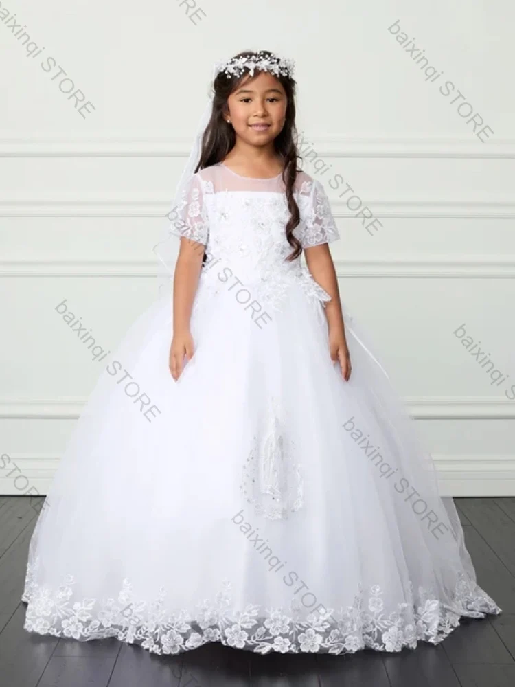 

White Flower Girl Dress Tulle Appliques Kids Princess Bespoke Elegant Birthday Prom Communion Formal Occasion Wedding Party Gown