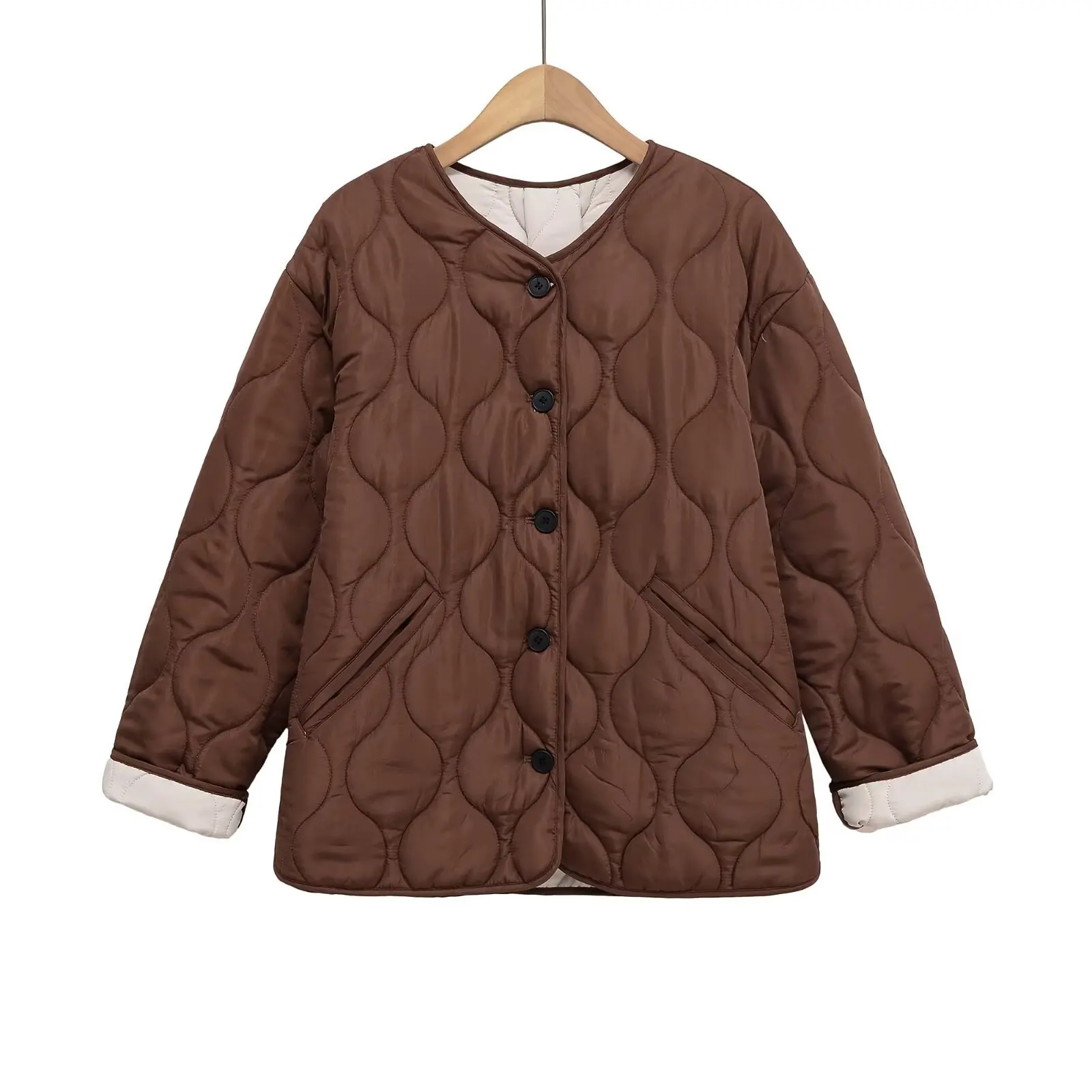

Winter Autumn Outerwear Chic Quilted Brown Cotton Jacket Single Breasted Round Neck Long Sleeve Loose Women Warm Short Coat