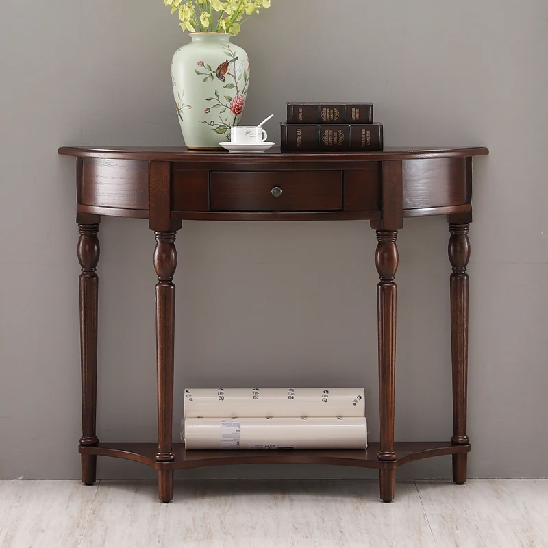 

Solid wood porch table against the wall retro back cabinet back