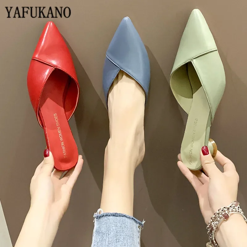 2024 New Women Low Heel Slippers Fashion Mules Shoes Pointed Toe Slides candy color Sandal Ladies Slides Flip Flop Zapatos Mujer