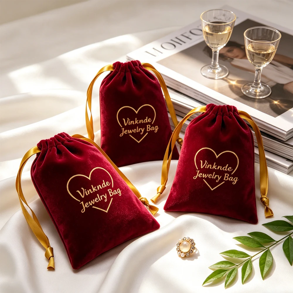 

100Pcs Personalized Logo Burgundy Jewelry Cotton Velvet Drawstring Bag Gift Cosmetic Earrings Ring Brooch Key Organizer Pocket