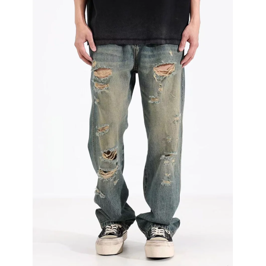 

Trendy Men's Jeans High Street Worn out Loose Casual Straight Leg Long Pants Summer 2026 New Style mid Waist Zipper Fly