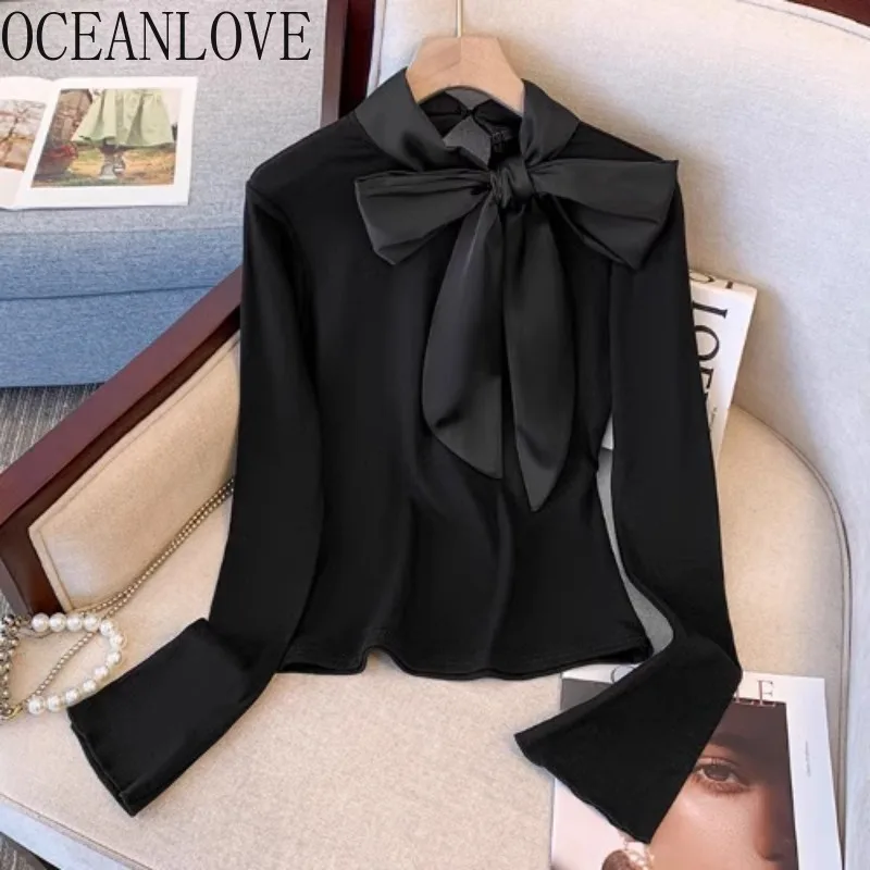 OCEANLOVE Autumn Winter Fleece Women Shirts&blouses Korean Fashion Sweet Blusas Mujer Elegant Simple Chic Big Bow Camisas