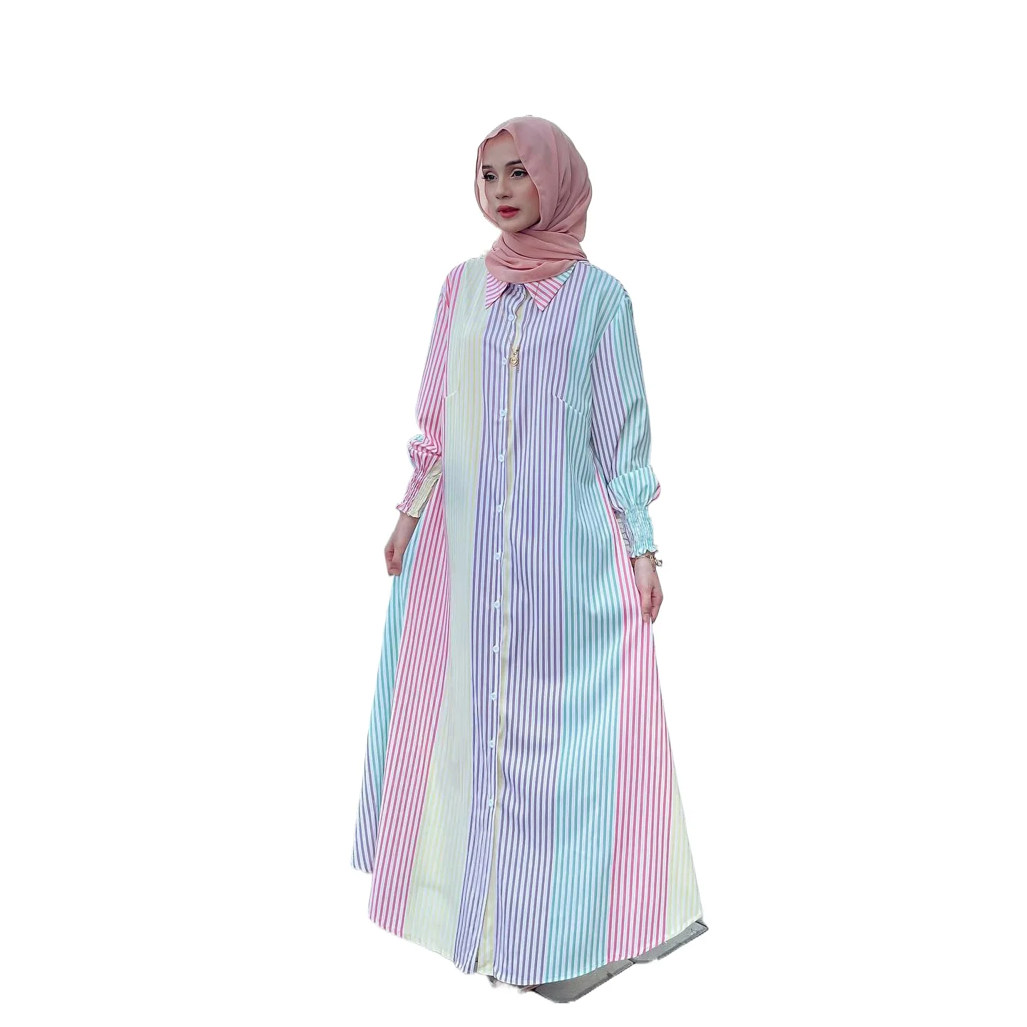 

2026 Fashion Muslim Dress, Long Skirt, Collar, Striped Shirt, Long Skirt