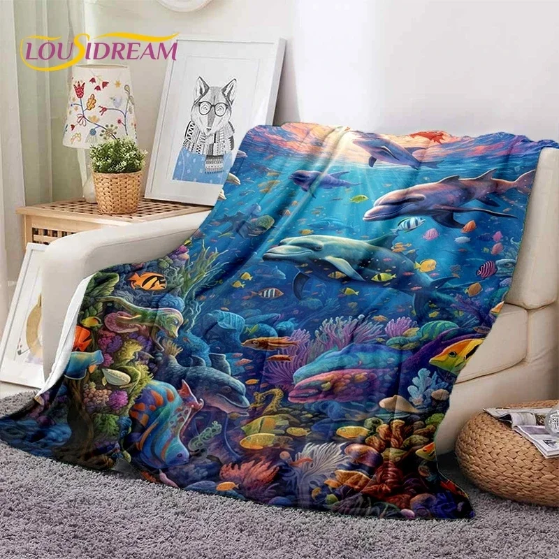 

3D Underwater World Seabed Dolphin Cartoon Soft Flannel Blanket for Beds Bedroom Sofa Picnic,Throw Blanket for Outdoors Leisure