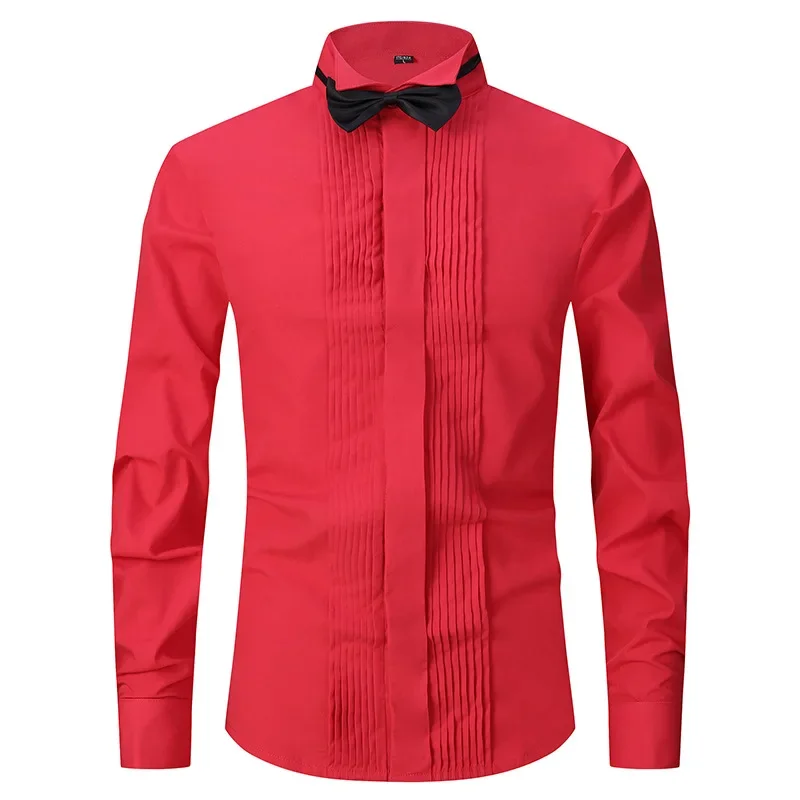 Groomsman Solid Color Single-breasted Shirt Celebrating Body Men's Long-sleeved Solid Color Shirt Swallow Collar Dress