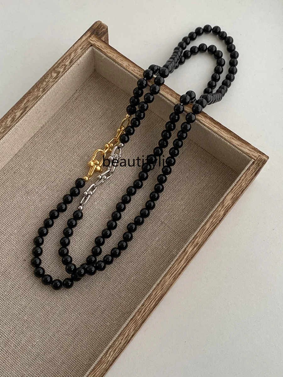 New gold and silver buckle design beaded black agate necklace women's high sense light luxury niche unique collarbone chain