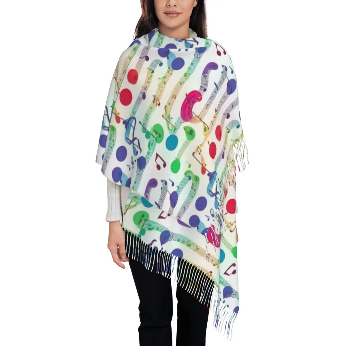 Womens Scarf with Tassel Music Notes Rainbow Colors Musical Theme Large Super Soft Shawl Wrap Daily Wear Pashmina Scarves