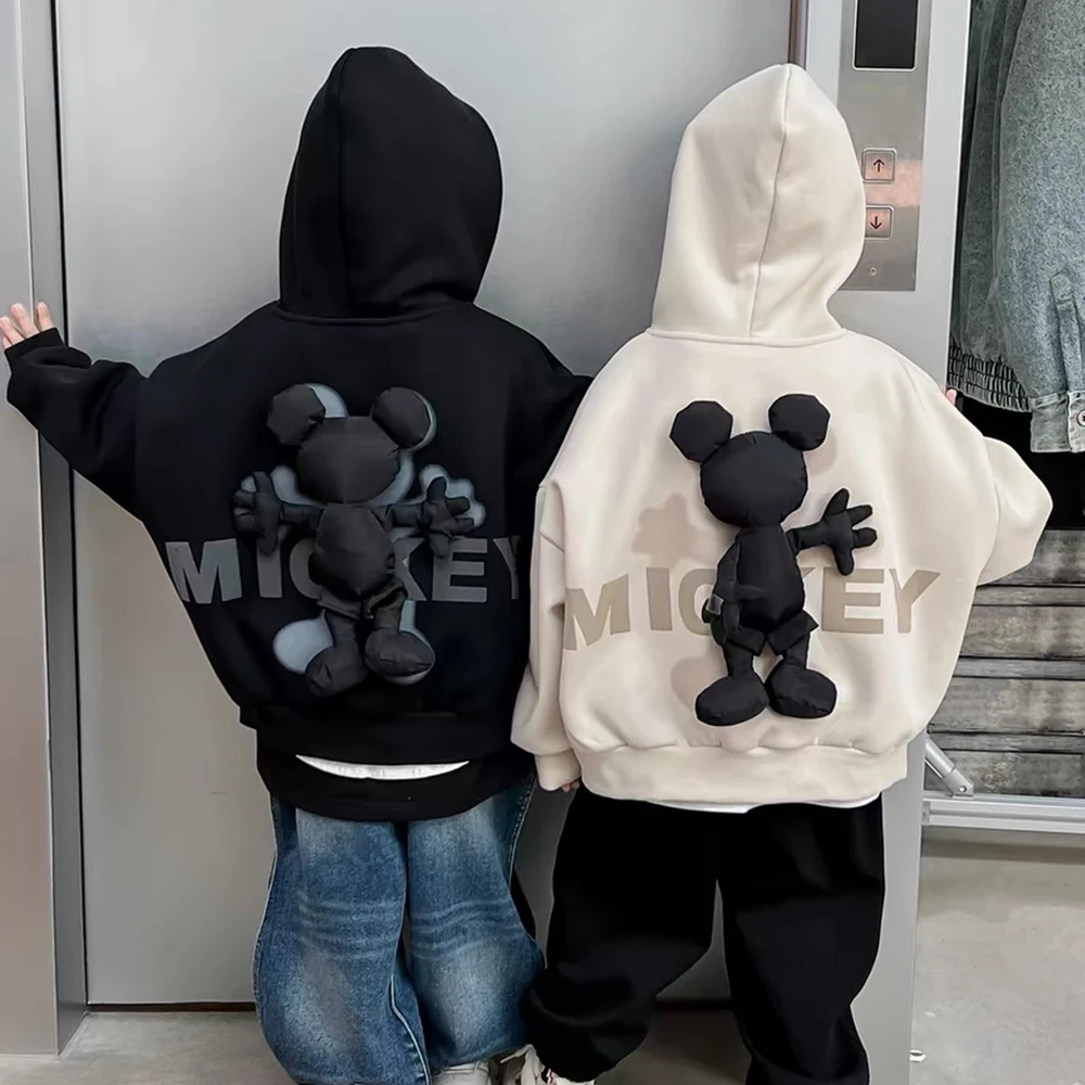 

Children's Zipper Hoodie Jacket Disney 3D Mickey Decor Boys Girls Coat for Spring Autumn Solid Color Style Medium Large Sizes