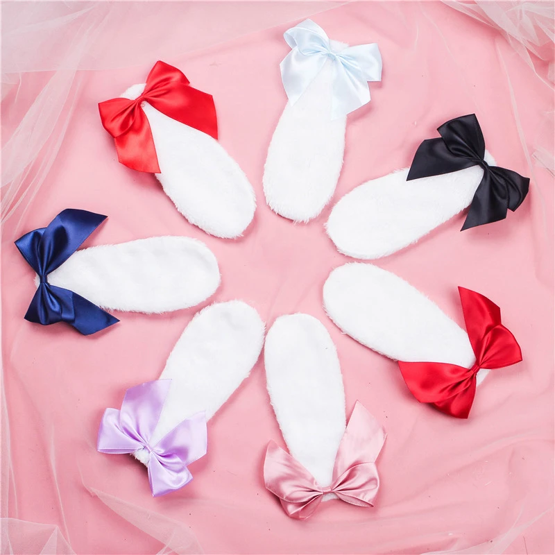 2 Stuks Kawaii Meisjes Haarclip Schattige Konijn Konijntje Pluche Hanen Oren Haarspeld Snoep Kleur Lint Strik Lolita Cosplay Haaraccessoires