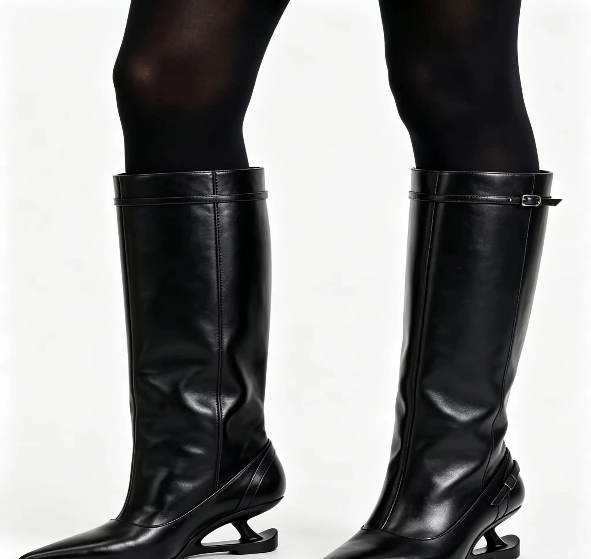 Black Soft 2026 Pointed Toe Hollow High Heel Pump Buckle Strap Knee High Boot Elegant Formal Street Party Lady Daily Dress Shoe