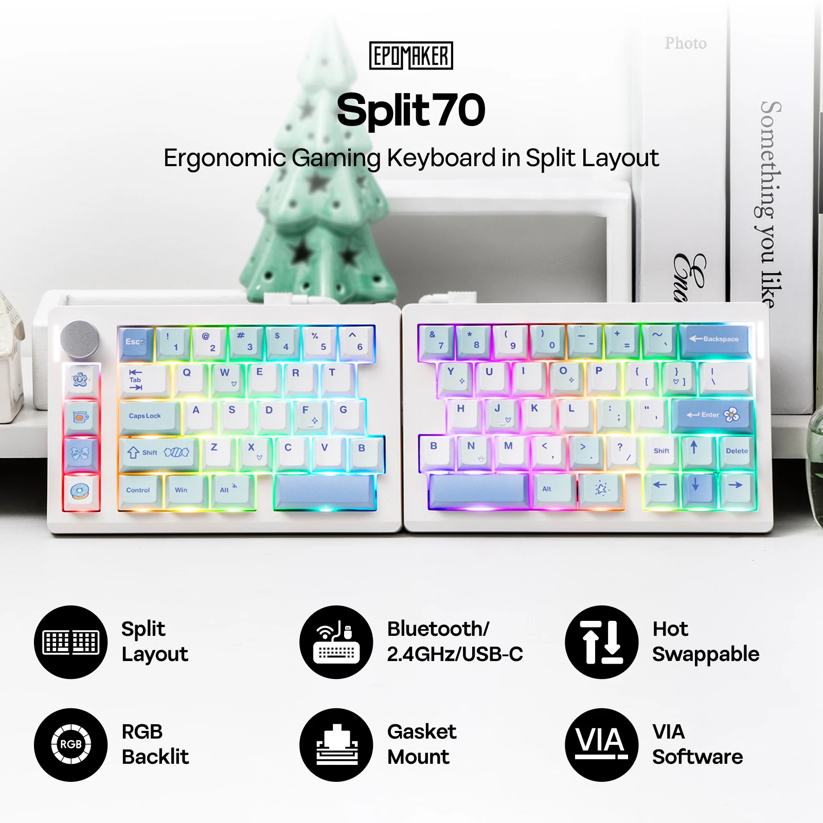 EPOMAKER Split70 QMK/VIA 70% Split Layout Hot-Swap Wired/BT/2.4Ghz Wireless Mechanical Gaming Keyboard with Programmable Knob