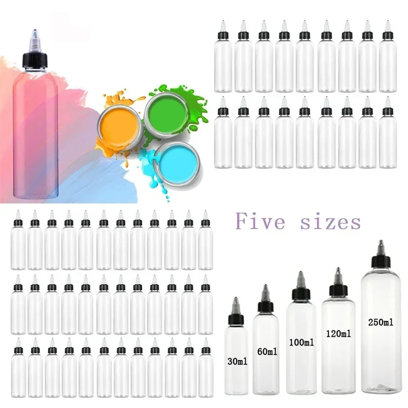 Bouteilles de colle à presser en plastique transparent de 30ml à 250ml, 5 pièces, avec capuchon torsadé noir, conteneurs compte-gouttes rechargeables pour peinture, encres de tatouage à faire soi-même