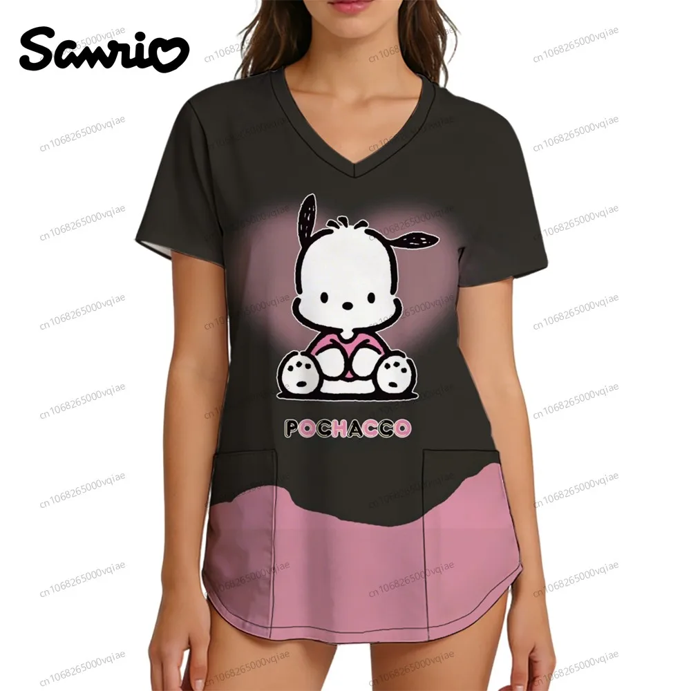 

Trend Women's T-shirt Kawaii 2026 New Nurse Uniform V Neck T Shirt 3D Print Pochacco Fashion S-2XL Pocket Y2k Clothes Summer