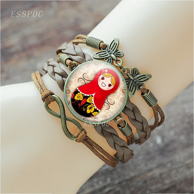 Brown Color Russian Matryoshka Babushka Nesting Dolls Picture Glass Cabochon Leather Charm Bracelet Bangle for Girls