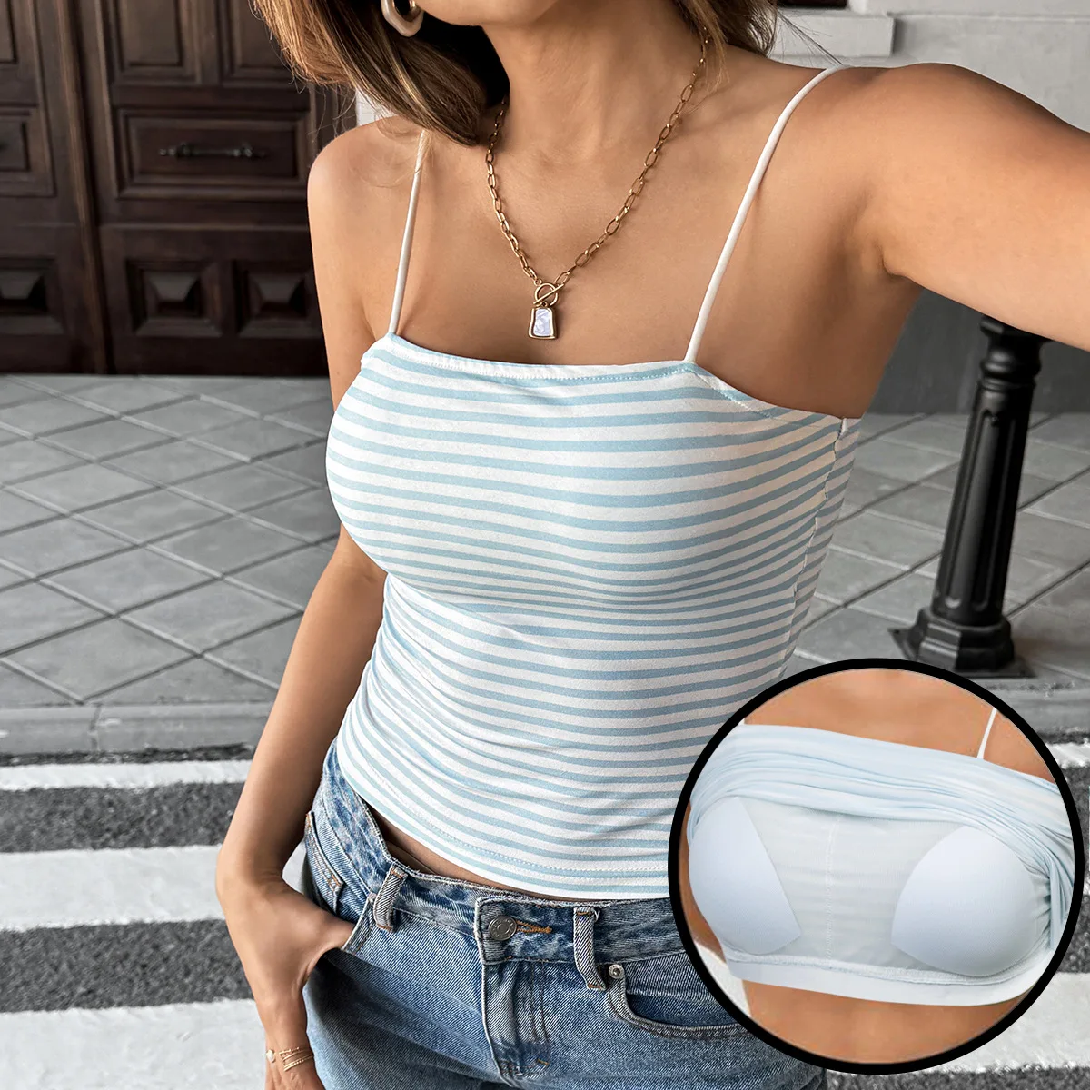 

2025 Summer New Striped Small Strap Tank Top Casual Fashion Versatile Women's Wear