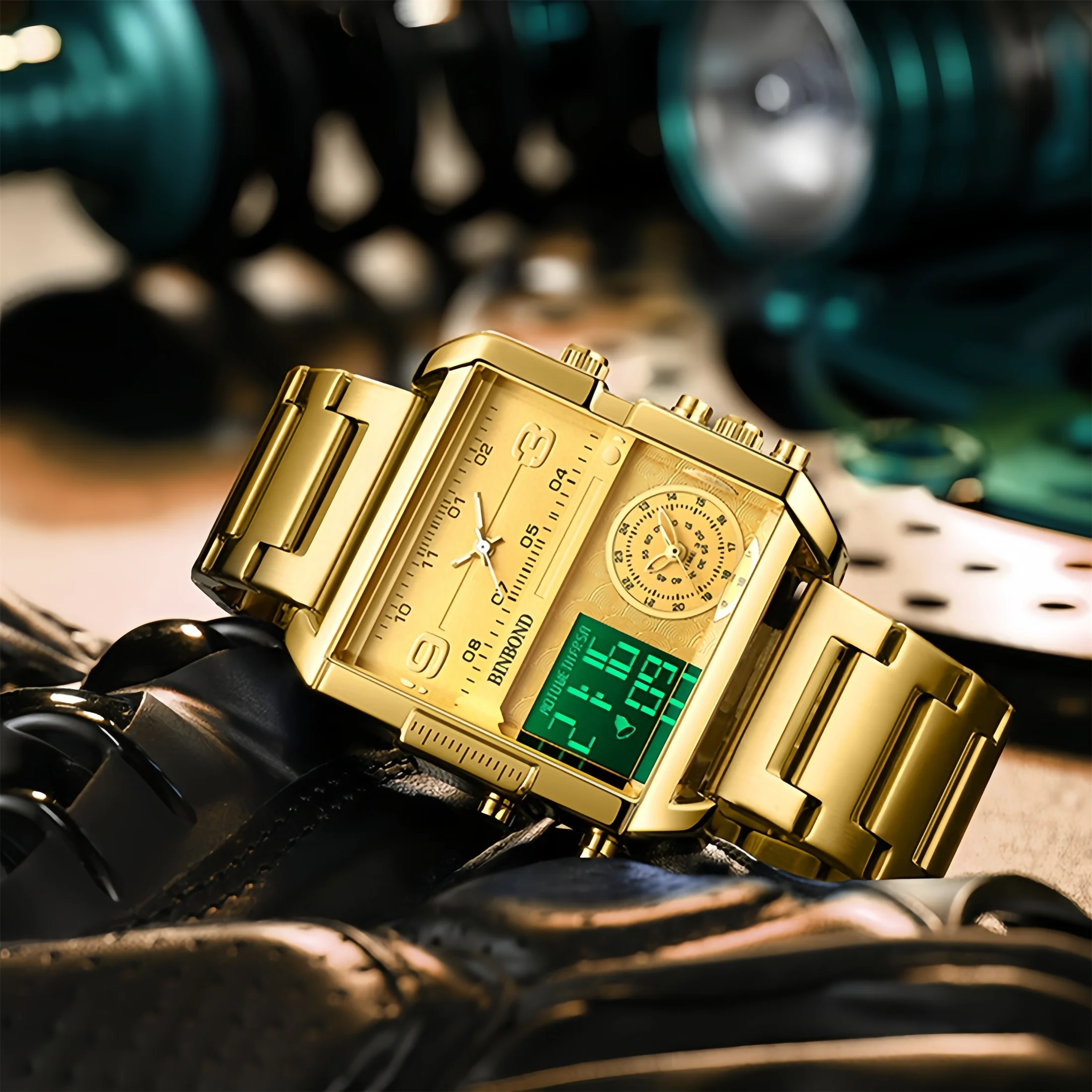 Golden Double Display Square Luxury Business Quartz Watches Mens Clock Stainless Steel Band Wristwatches Designers Watch 3332