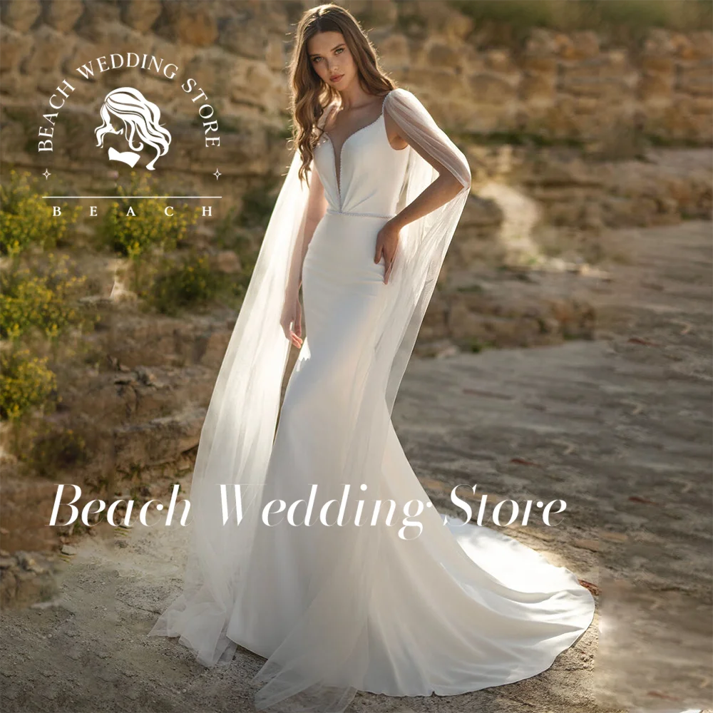 Suknia Ślubna Syrena Elegancka Satynowa Plażowa Dekolt V Bez Rękawów Bez Pleców Prosta Nowoczesna Suknia Ślubna 2025 Vestido De Novia Szyta na Miarę