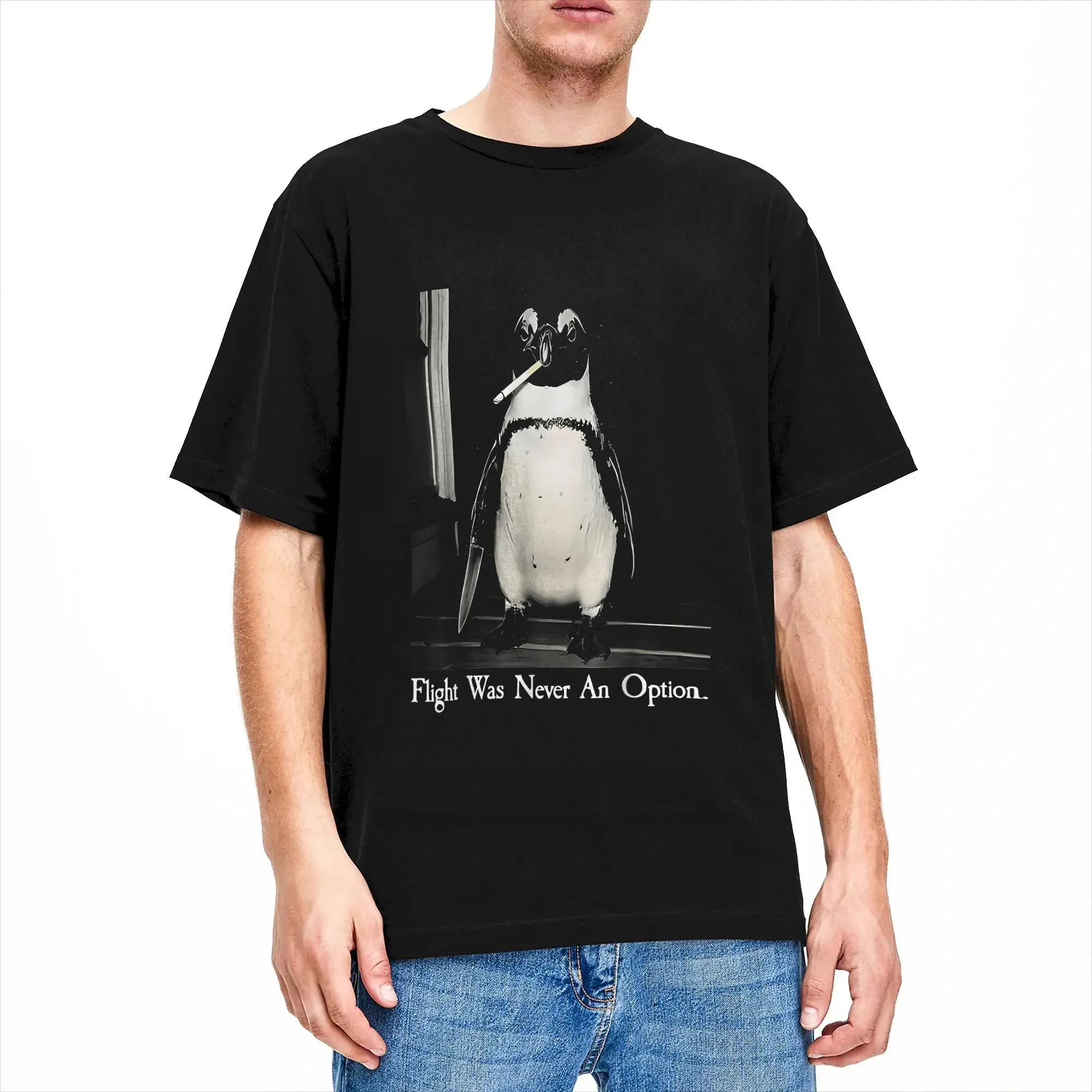Flight was Never an Option Penguin Smoking Funny Bird Meme T-Shirt Summer  Harajuku T-Shirts 100% Cotton Tees Short Sleeve Tops