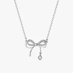 Real Money 925 Sterling Silver Women's Necklace Bow Design Necklace Pendant Shining Zircon Wedding Jewelry Best Gift