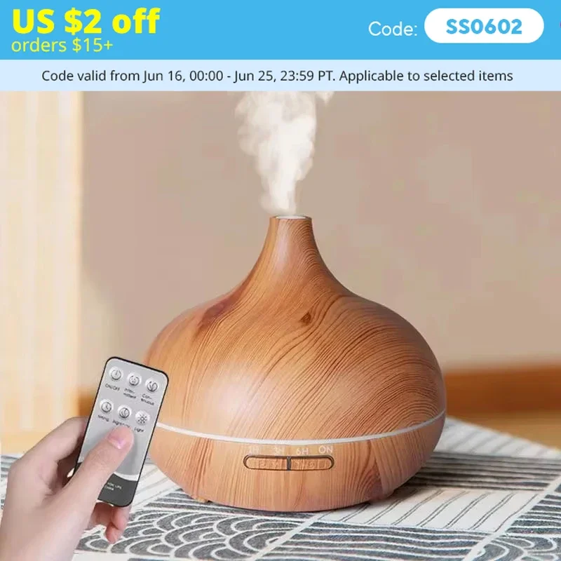

Humidifier Aromatherapy Essential Oil Diffuser Wood Grain 500ml Ultrasonic Remote Control Color Lights Home Bedroom
