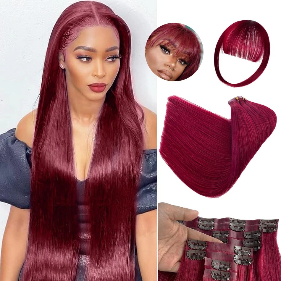 Grampo em extensões de cabelo borgonha 99j 100% cabelo humano real 10 pçs natural em linha reta 14-24 polegada extensões de cabelo vermelho escuro para mulher