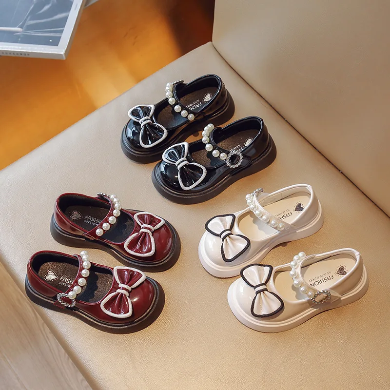 Girl Spring Autumn Soft-soled PU Leather Shoes Anti-slip Mary Jane Shoes Pearl Bow Children Kids Thick-soled Shallow Casual Shoe