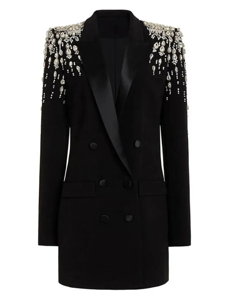 Fashion Women's Blazer Diamond Shoulder Pad Double Breasted Pockets Split Long Style Suit Jackets Winter 2026 New 7A10UZ