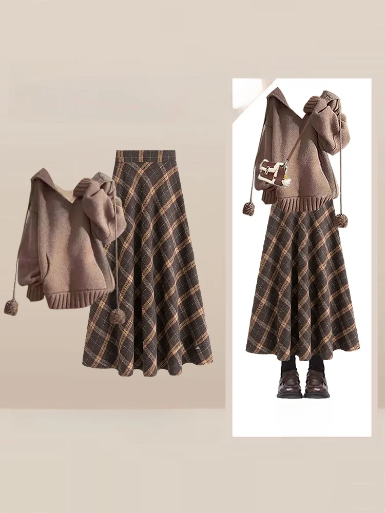 

Women's Autumnal Slimming Knitted Hat T Top And Plaid Skirt Two-Piece Set Casual Loose Fit High Waist Trousers