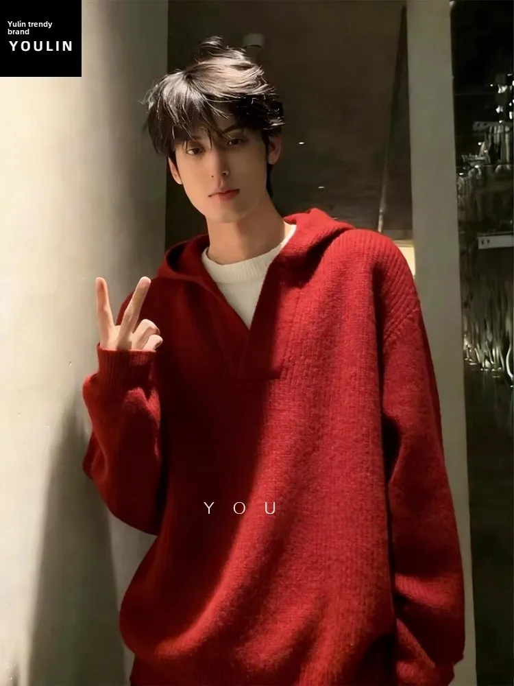 

Red Hoodie Knitted Sweater Men's Winter New Year's Inner Wear Base Layer Loose Fit Comfortable V-Ne Nylon Fabric